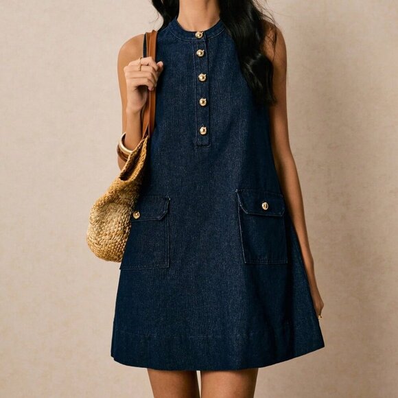 Dark Wash Casual Women's Denim Sleeveless A-Line Dress - Picture 4 of 8